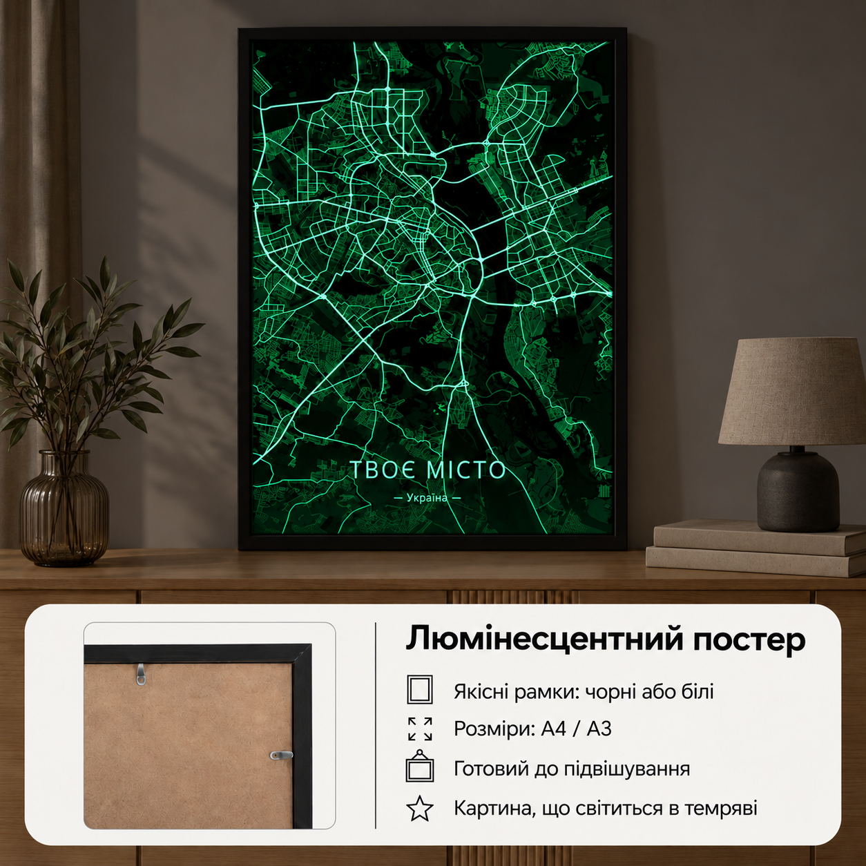 Люмінесцентна карта міста у рамці зі світінням у темряві