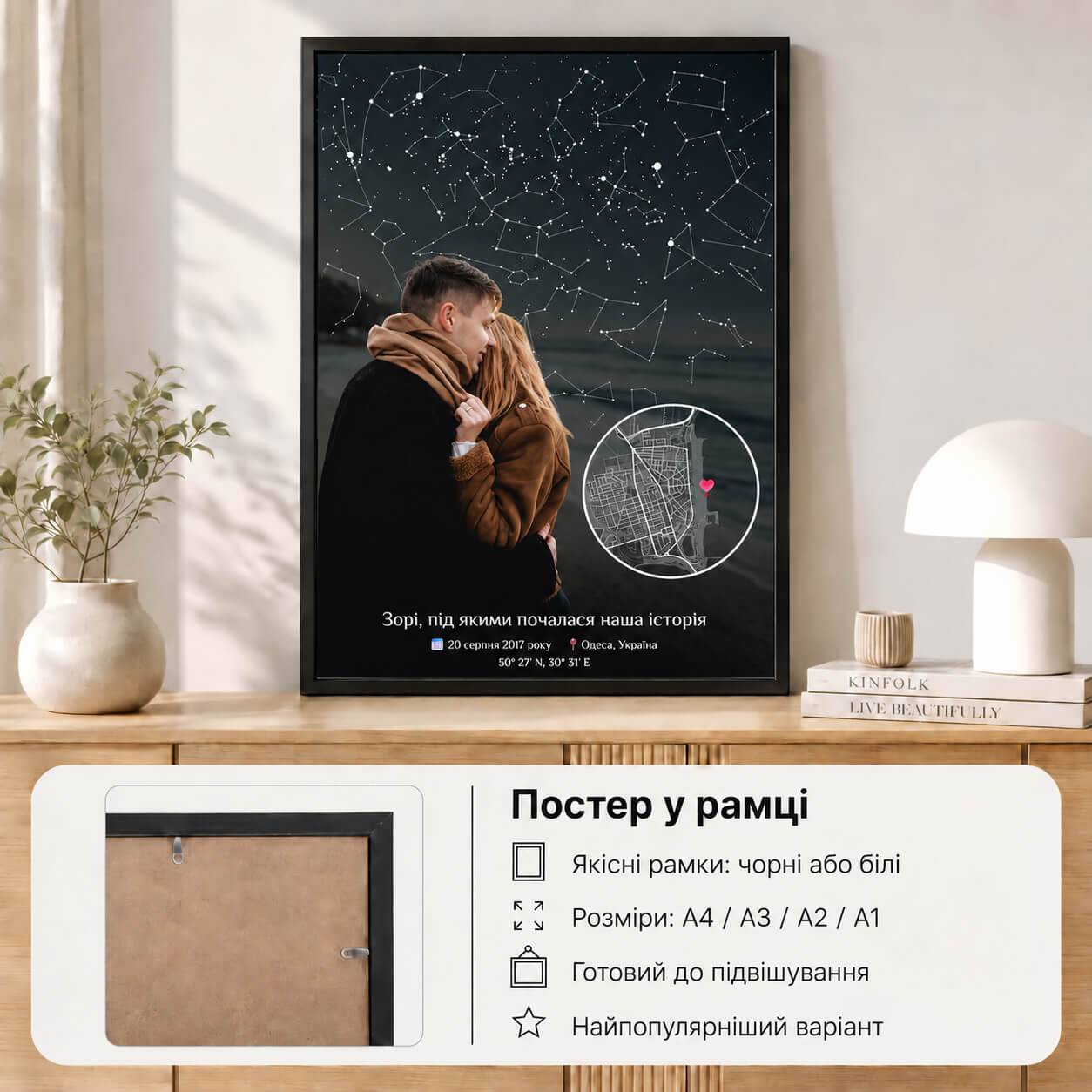 Постер у рамці для комбінованої зоряної карти з картою міста та фото