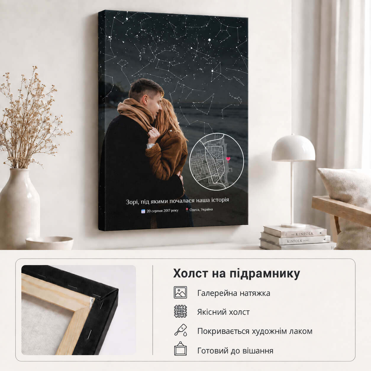 Холст на підрамнику для комбінованої зоряної карти з картою міста та фото