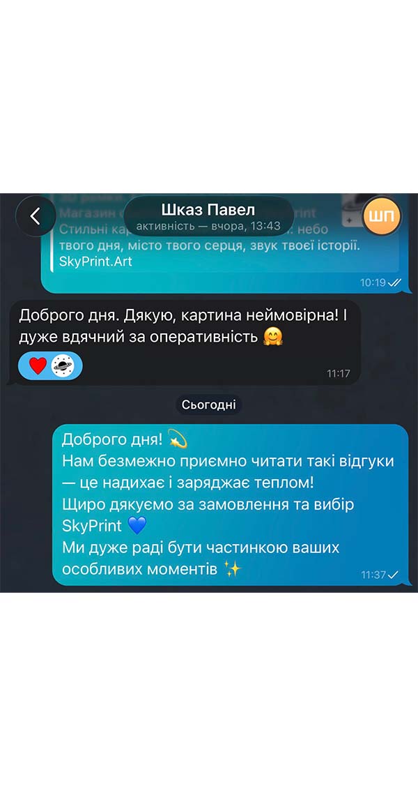 Враження від покупки картини у SkyPrint у відгуку клієнта