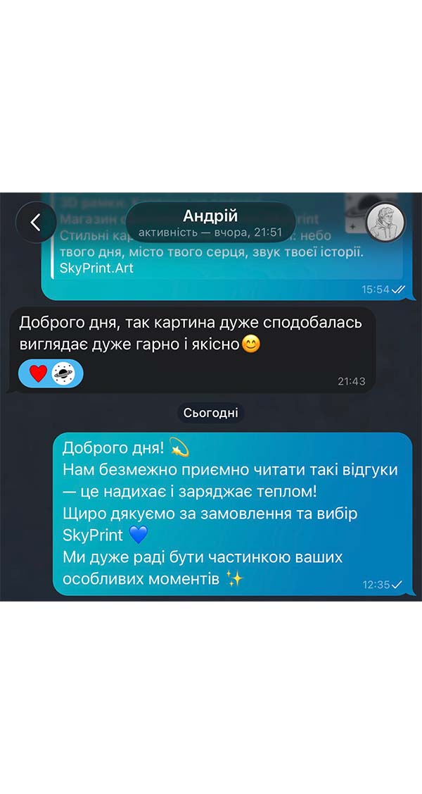 Скріншот відгуку клієнта про замовлену у SkyPrint картину