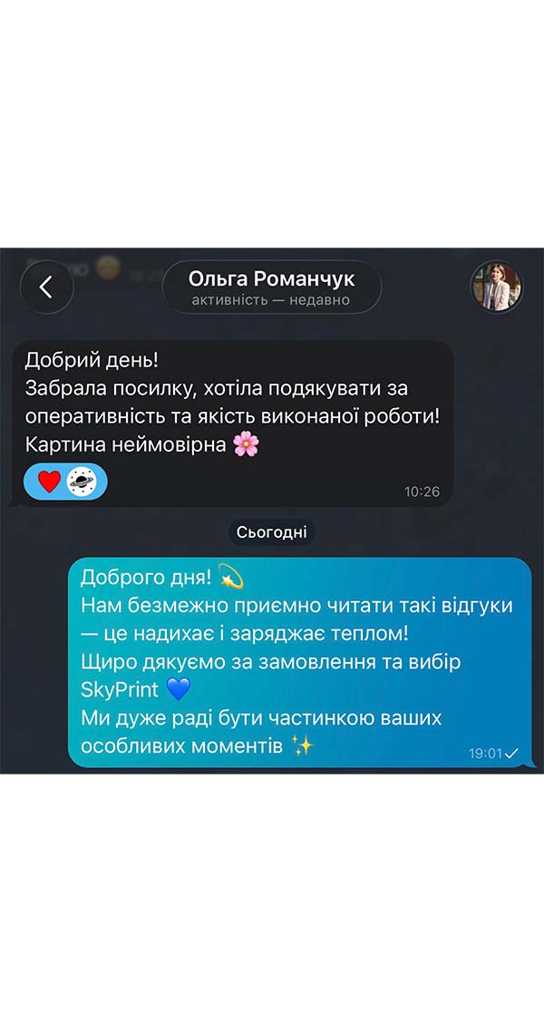 Відгук про замовлену картину в тексті повідомлення клієнта